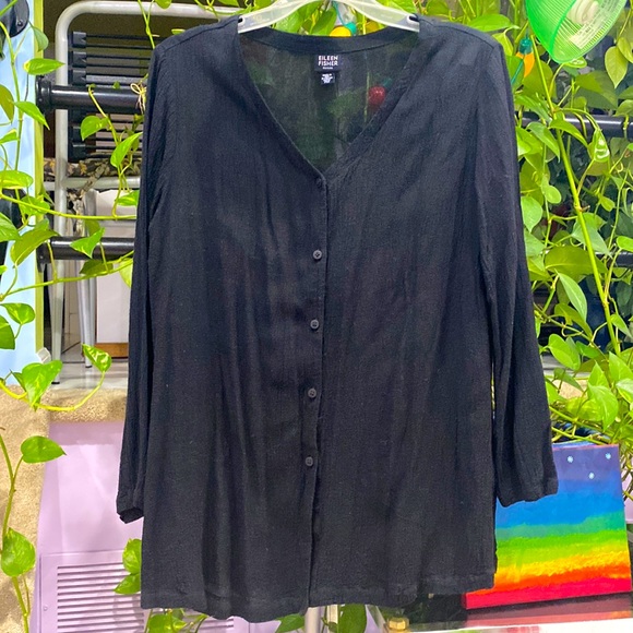 Eileen Fisher Black Buttons Down Cardigan Tunic Crinkle Texture Fabric Size PM ! - Picture 1 of 10